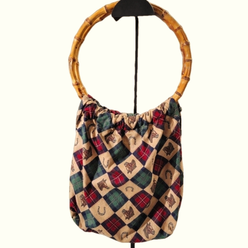 Horse & Horseshoe Handmade Plaid Print Bamboo Handle Purse Handbag